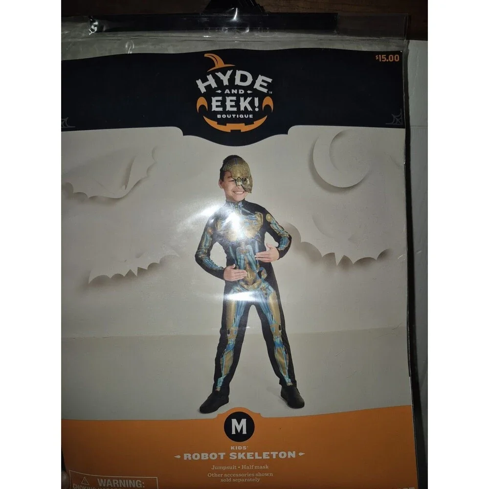 Hyde & Eek Boys Blue Gold Robot Skeleton Jumpsuit & Mask Costume Size M NWT